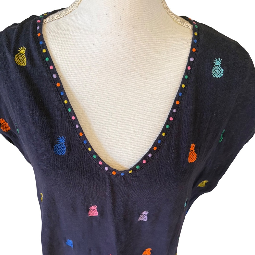 Boden Navy Blue Rainbow Pineapple Embroidered Cotton V-Neck Shift Dress Sz 14L - Picture 2 of 9
